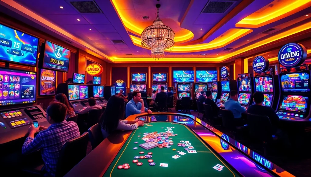 Exciting casino gaming scene at EV88win.live with players engaged in sports betting and card games.