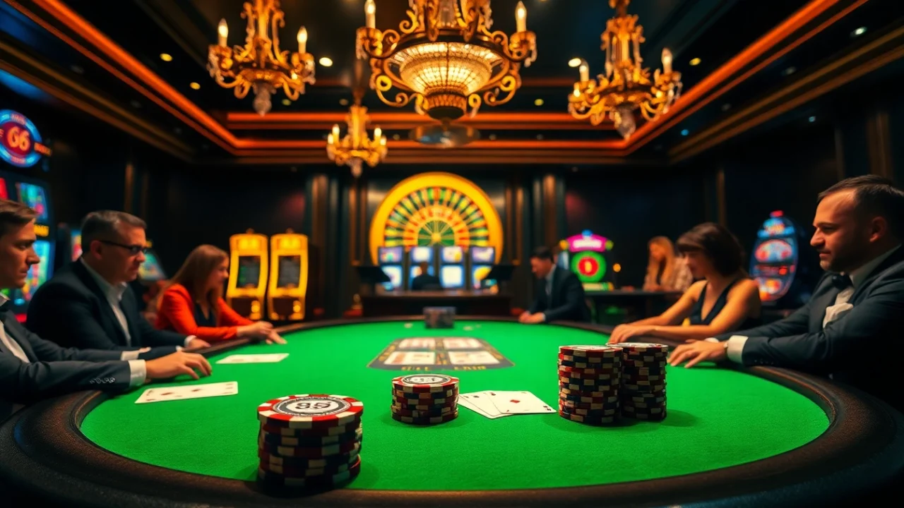 Gambling players strategizing at a high-stakes poker table with 88i chips and cards.