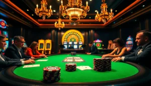 Gambling players strategizing at a high-stakes poker table with 88i chips and cards.