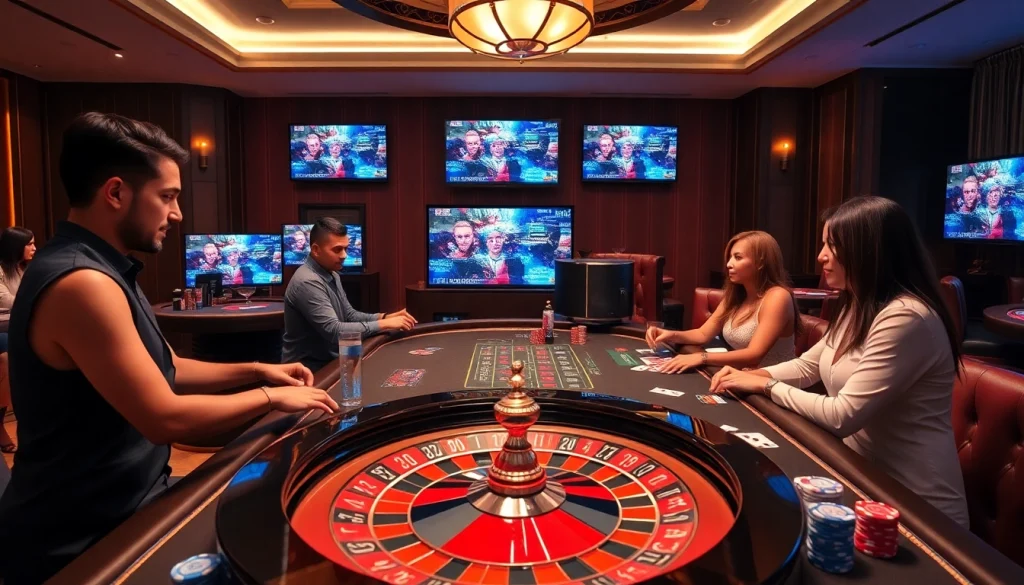 Exciting gameplay at SV88 com live casino with dealers, poker chips, and roulette wheel.