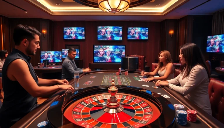 Exciting gameplay at SV88 com live casino with dealers, poker chips, and roulette wheel.