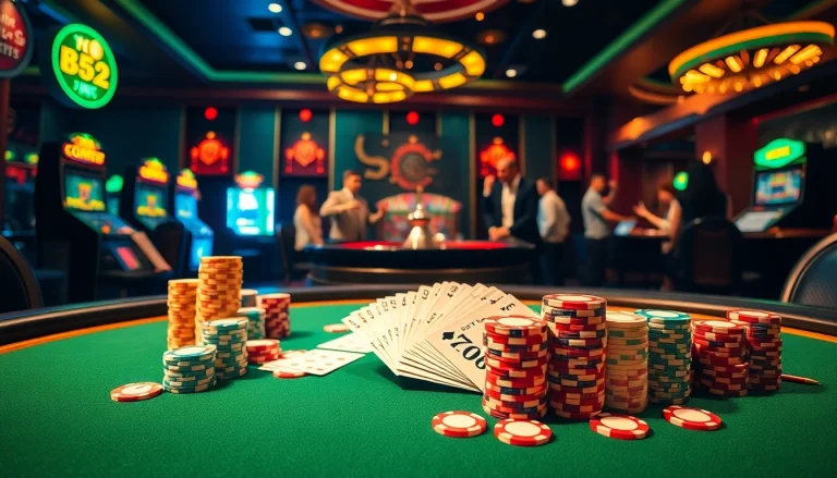 Experience the thrill of b52club with a vibrant casino scene featuring poker chips and roulette.
