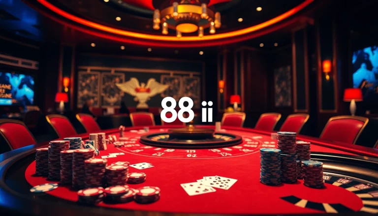 Engaged players at a luxurious casino table featuring 88i poker chips and cards.
