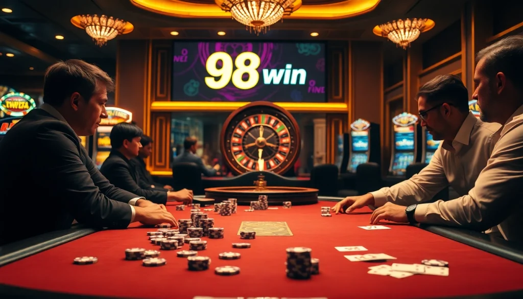 Experience the thrill of gambling with the 98 win logo at a luxurious casino table.