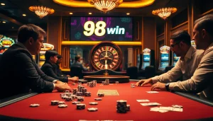 Experience the thrill of gambling with the 98 win logo at a luxurious casino table.