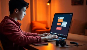 Engaging interaction with an NSFW AI chatbot in a cozy, tech-savvy environment