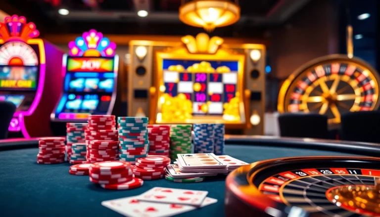 Engaging casino scene featuring FLY88 link with poker chips and a vibrant slot machine.