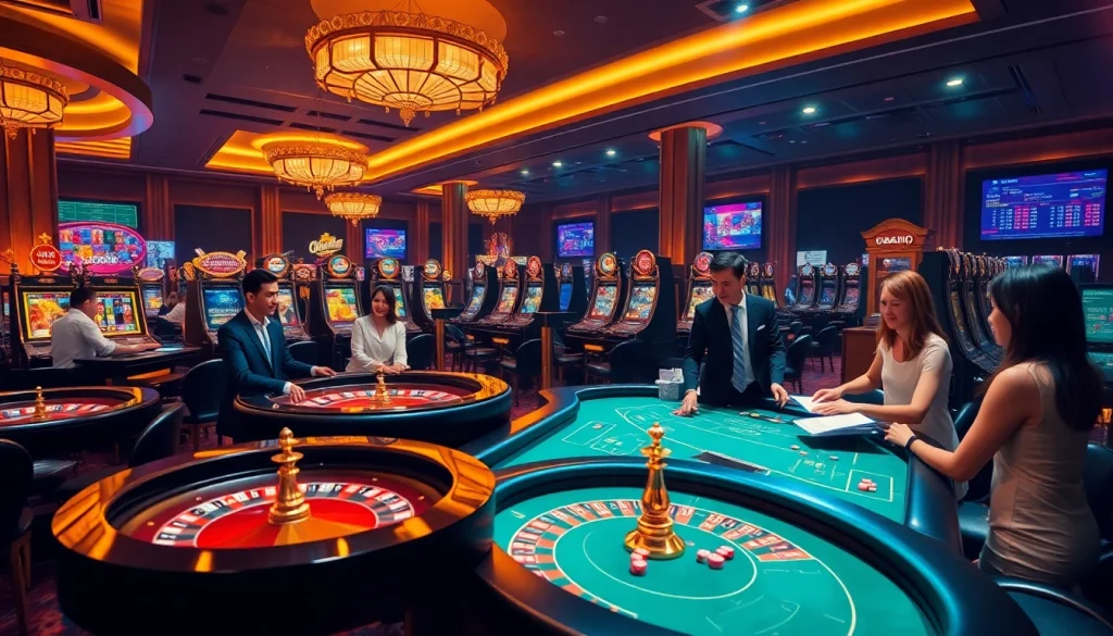 Bettors enjoying live gaming at fb88 casino, with vibrant tables and interactive elements.