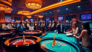 Bettors enjoying live gaming at fb88 casino, with vibrant tables and interactive elements.