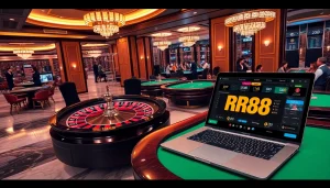 RR88 players placing bets at luxurious casino tables with poker chips and roulette wheel.