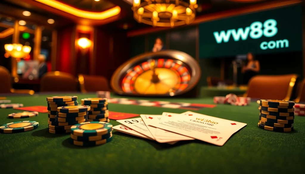 Experience high-stakes action at ww88 com with vibrant poker chips and cards in a luxurious casino setting.