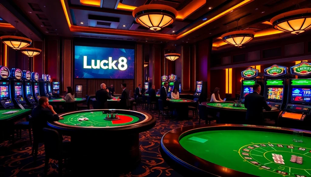 Experience the excitement of Luck8 with vibrant casino tables and players enjoying live games.