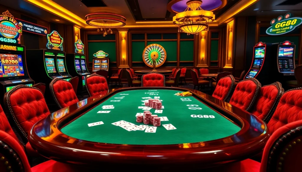 Exciting GG88 branded poker game at a luxurious casino table with vibrant chips and cards.