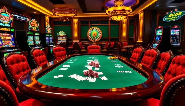 Exciting GG88 branded poker game at a luxurious casino table with vibrant chips and cards.