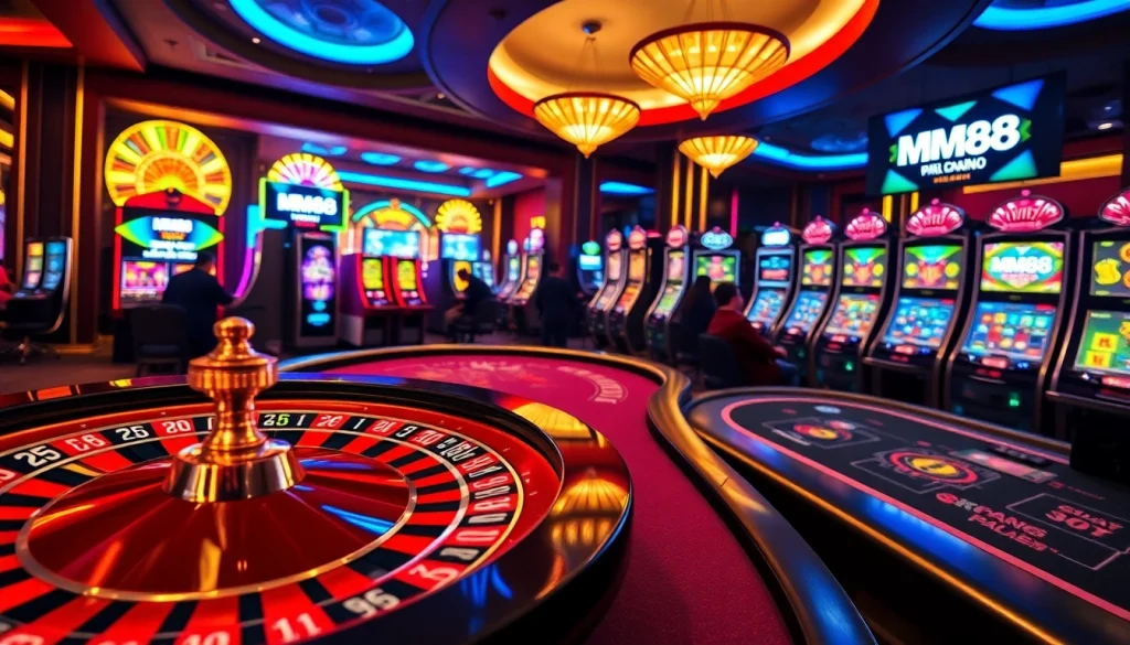 Gamble responsibly on https://mm88.sh/ at a luxury casino with vibrant slot machines and roulette.