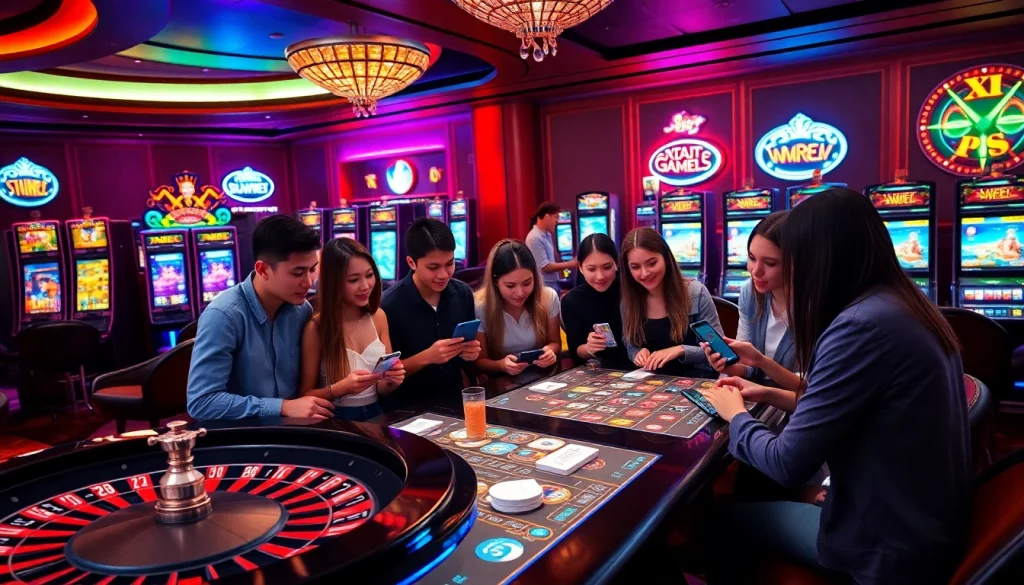 Players engaging with XXX games in a luxurious casino atmosphere showcasing vibrant slot machines and a roulette wheel.