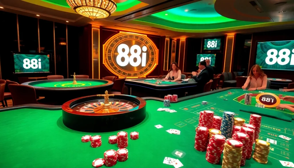Experience the thrill of gambling at 88i casino tables with lively players and vibrant poker chips.