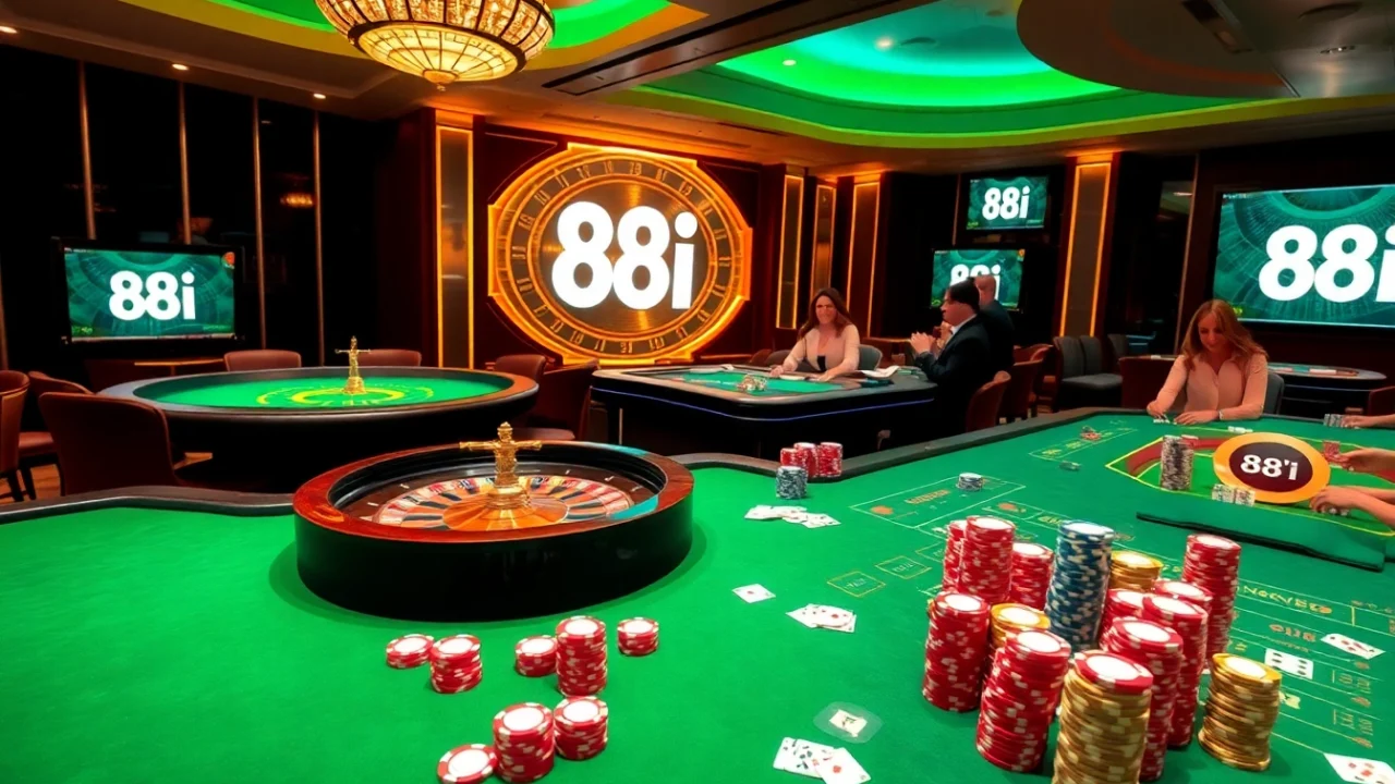 Experience the thrill of gambling at 88i casino tables with lively players and vibrant poker chips.