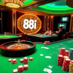 Experience the thrill of gambling at 88i casino tables with lively players and vibrant poker chips.