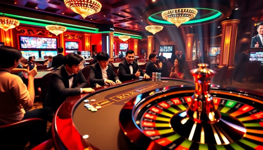 Players enjoying a thrilling poker game at https://gamemanclub.wiki, showcasing vibrant casino action.