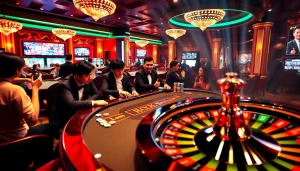 Players enjoying a thrilling poker game at https://gamemanclub.wiki, showcasing vibrant casino action.