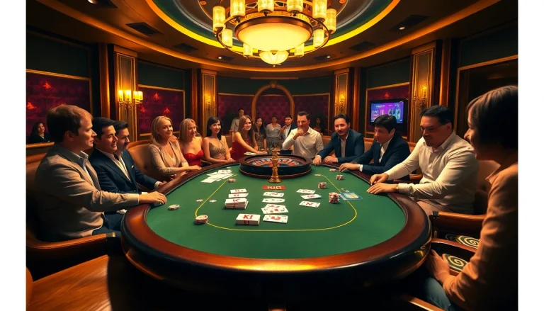 KJC branded poker chips on an opulent casino table, featuring an exciting gambling atmosphere.