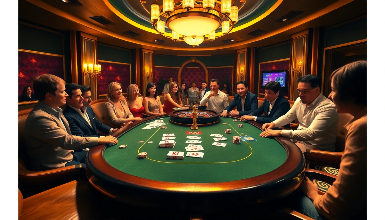 KJC branded poker chips on an opulent casino table, featuring an exciting gambling atmosphere.