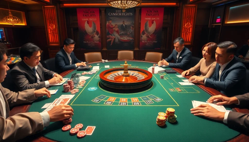 Action-packed Nhà cái đá gà scene featuring professional players at a vibrant casino table.