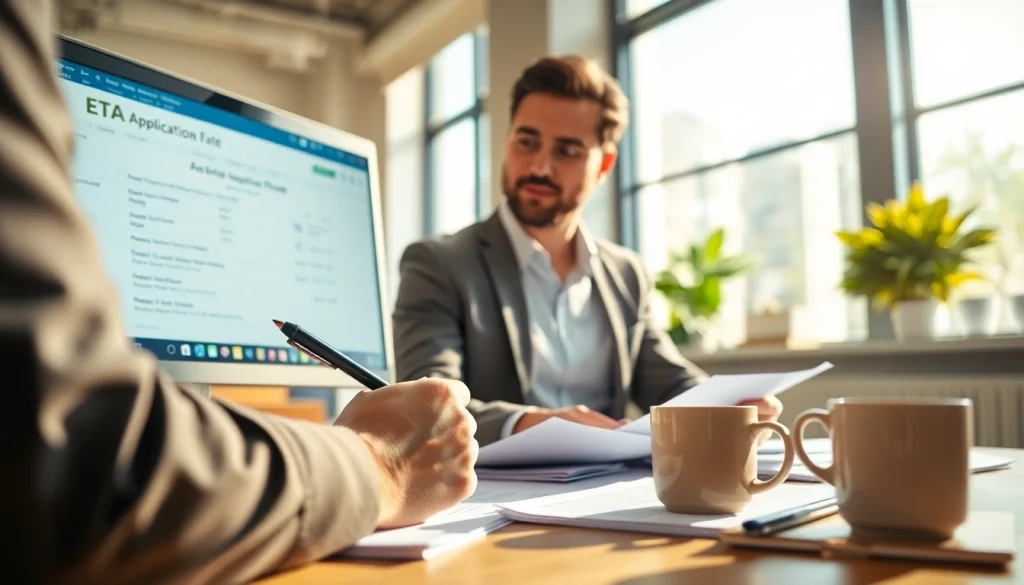 Complete the eta application uk in a professional office environment with a focused individual.