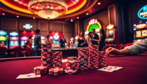 KJC players strategizing at a luxurious casino poker table with vibrant chips and cards.
