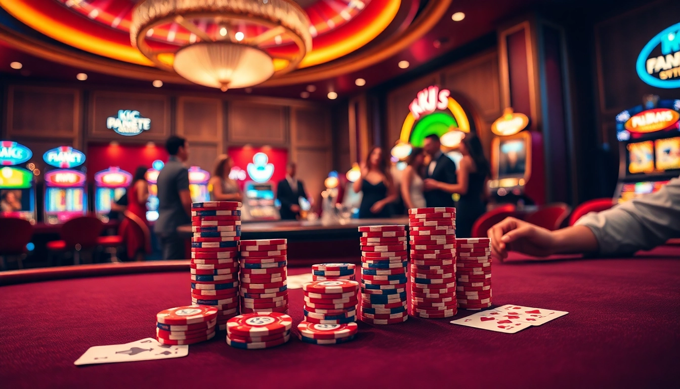 KJC players strategizing at a luxurious casino poker table with vibrant chips and cards.