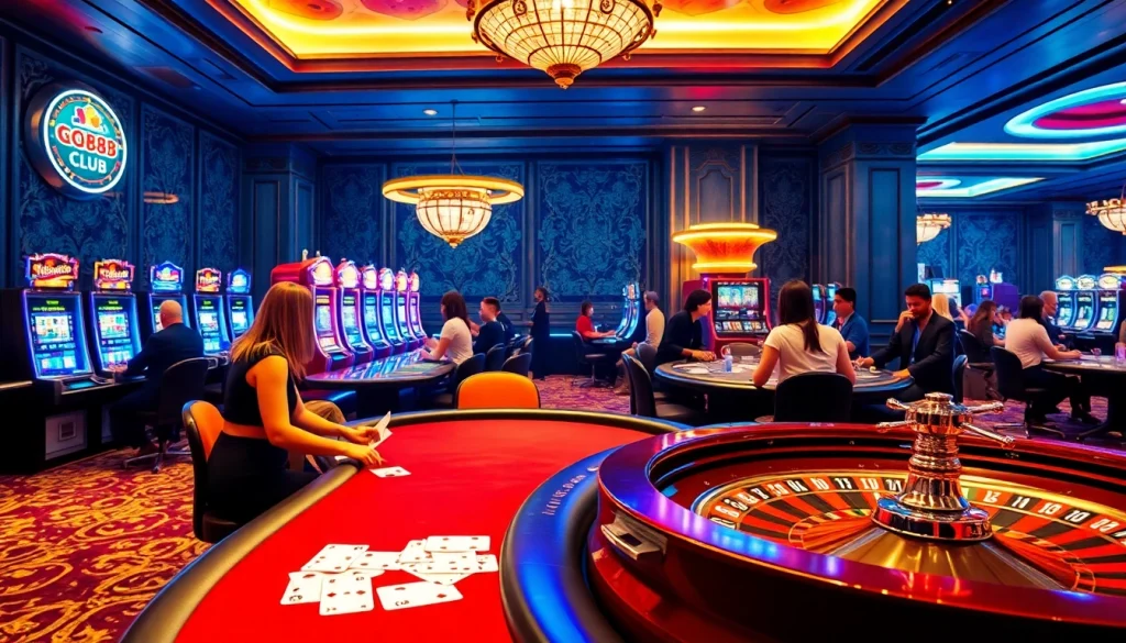 Excited players at the go88 club enjoy intense casino gameplay with vibrant tables and slot machines.