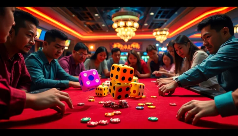 Engaged players enjoying the thrilling Tài Xỉu game with colorful dice and chips