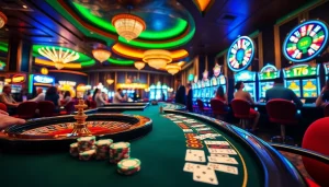 Players enjoying vibrant games at 789club's luxurious casino tables filled with poker chips.