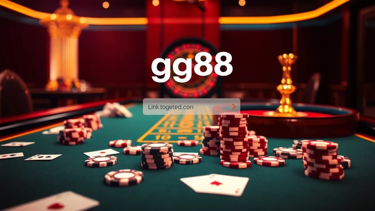 Engage in online gambling at gg88 link with a luxurious poker scene featuring vibrant colors and chips.