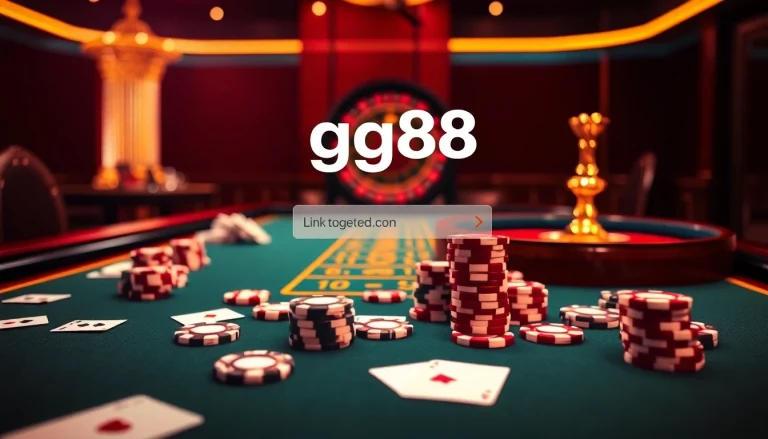 Engage in online gambling at gg88 link with a luxurious poker scene featuring vibrant colors and chips.