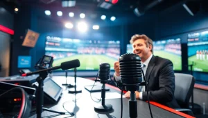 Captivating sports broadcasting studio setup showcasing a live commentary session.