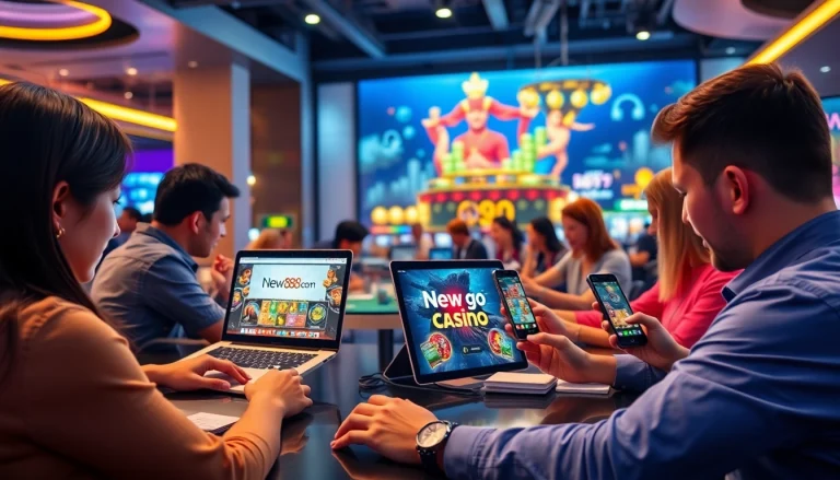 Dynamic gaming scene at new88go.com with diverse players enjoying online gambling.