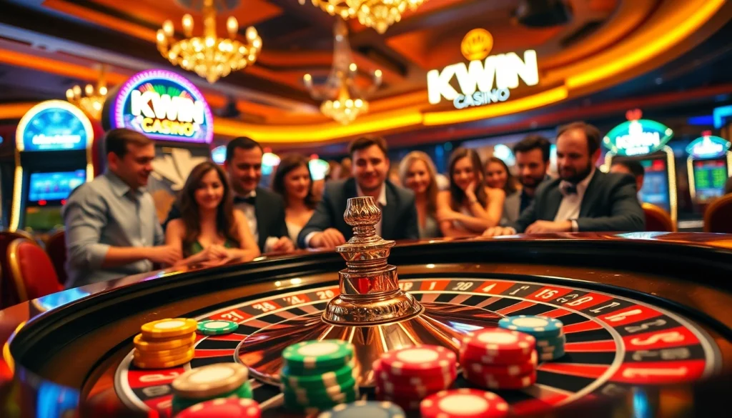 KWIN casino players placing bets at roulette, vibrant atmosphere and luxurious details