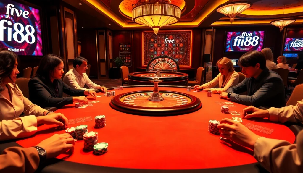 Exciting poker action in the five 88 casino, showcasing vibrant chips and professional players.
