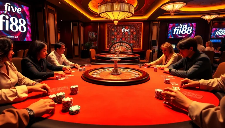 Exciting poker action in the five 88 casino, showcasing vibrant chips and professional players.