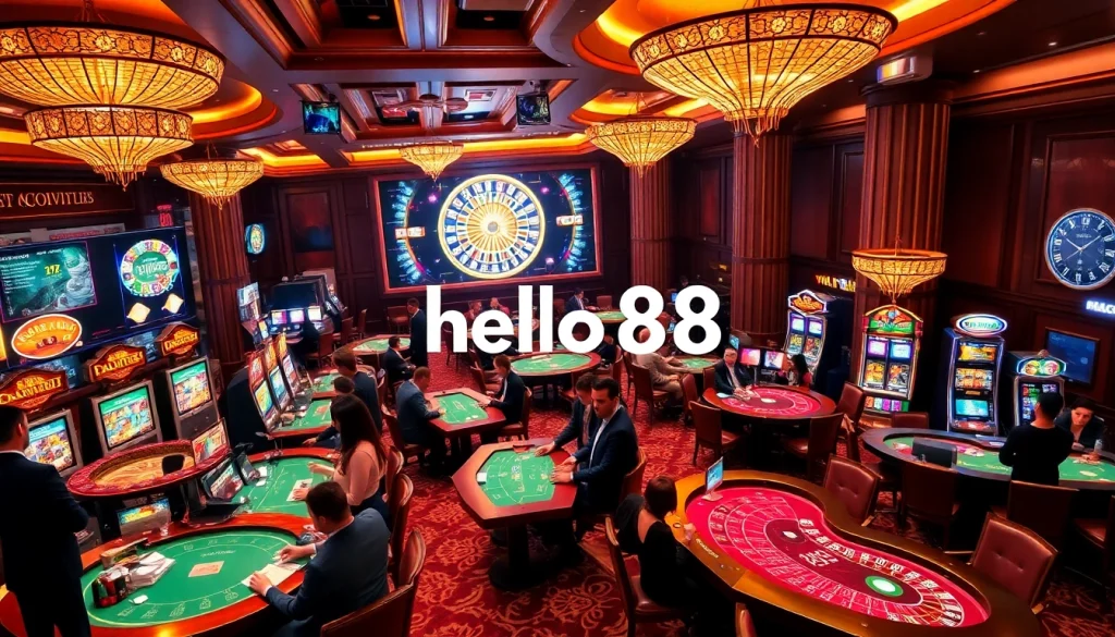 Täk in exciting gaming atmosphere and luxurious vibe at tại hello88 casino with vibrant tables and players.