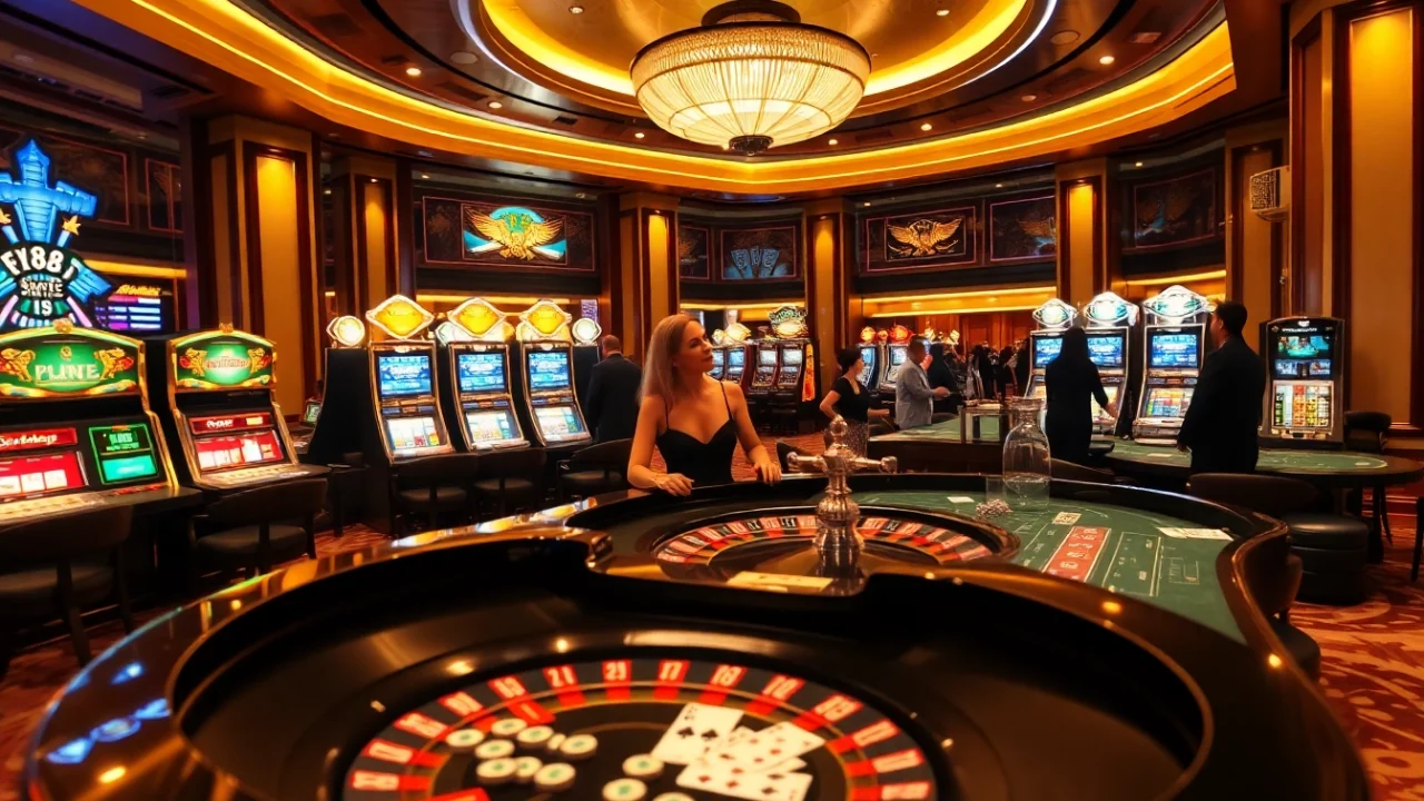 Experience FLY 88's thrilling gambling atmosphere with luxurious casino tables and vibrant gaming action.