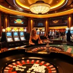 Experience FLY 88's thrilling gambling atmosphere with luxurious casino tables and vibrant gaming action.