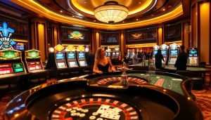Experience FLY 88's thrilling gambling atmosphere with luxurious casino tables and vibrant gaming action.