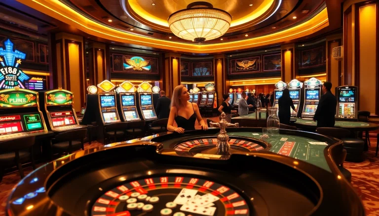 Experience FLY 88's thrilling gambling atmosphere with luxurious casino tables and vibrant gaming action.