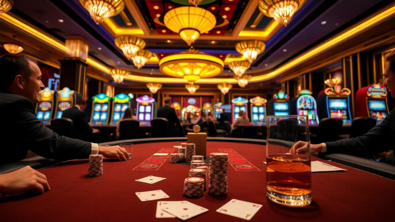 Experience high-stakes poker action at rikvip casino with vibrant chips and elegant game tables.