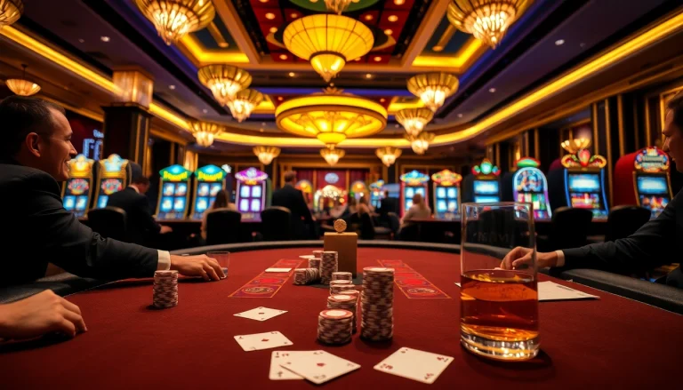 Experience high-stakes poker action at rikvip casino with vibrant chips and elegant game tables.