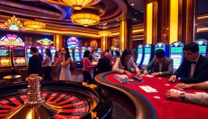 Experience the excitement of FLY88 with vibrant gaming tables and engaging players in a luxurious casino.