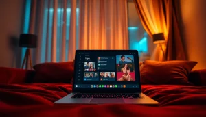 Engaging sexchat scene with modern laptop in cozy environment.